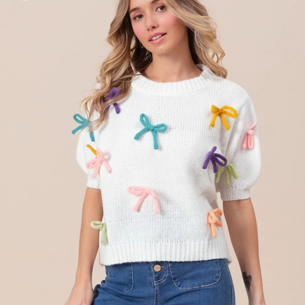 BiBi Bow Detail Puff Sleeve Sweater. Sz Medium, NWTs - Picture 2 of 14